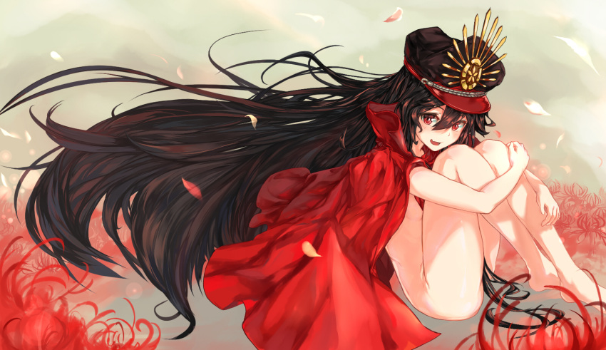 1girl :d ass black_hair blush breasts cape demon_archer fate/grand_order fate_(series) flower hat koha-ace long_hair looking_at_viewer naked_cape open_mouth red_eyes shionji_ax sitting small_breasts smile solo very_long_hair