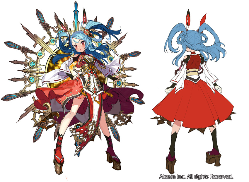 &gt;:o 1girl :o amaterasu_(valkyrie_connect) blue_hair blush braid breasts clog_sandals detached_sleeves dress floating_hair from_behind full_body hair_rings hand_on_hip legs_apart long_hair looking_at_viewer matsui_hiroaki multiple_views official_art open_mouth pelvic_curtain platform_clogs red_dress red_eyes red_legwear small_breasts socks standing tabi valkyrie_connect watermark white_background