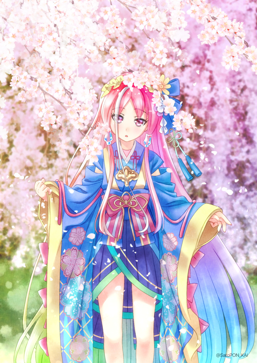 1girl blue_ribbon cherry_blossoms eyebrows_visible_through_hair flower hair_flower hair_ornament hair_ribbon head_tilt highres japanese_clothes long_hair oshiro_project outdoors parted_lips pink_eyes pink_hair ribbon sato-pon solo standing tree very_long_hair yellow_flower