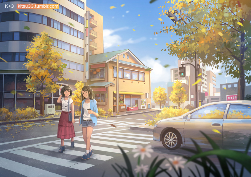 2girls artist_name autumn autumn_leaves bag black_shoes blue_eyes blue_jacket blue_shoes blue_sky blurry brown_hair brown_shoes building car city closed_mouth clouds crosswalk daisy day denim denim_shorts depth_of_field flower ground_vehicle hand_in_hair high-waist_skirt jacket kitsu+3 leaf long_hair looking_at_another looking_to_the_side motor_vehicle multiple_girls open_clothes open_jacket open_mouth original outdoors red_skirt road scenery shirt shoes short_hair short_shorts short_sleeves shorts shoulder_bag skirt sky smile sneakers socks standing storefront street sunlight traffic_light tree tumblr_username walking watermark web_address white_flower white_legwear white_shirt
