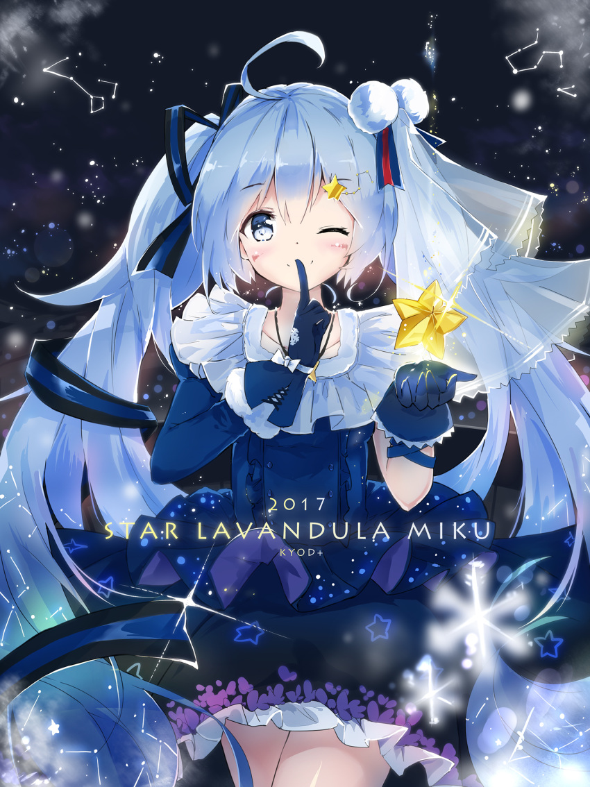 1girl ;) absurdly_long_hair aqua_eyes aqua_hair artist_name blue_dress blue_gloves dress finger_to_mouth gloves hair hair_between_eyes hatsune_miku highres jewelry k.syo.e+ long_hair necklace one_eye_closed smile snowflakes star starry_background twintails very_long_hair vocaloid yuki_miku