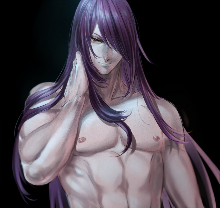 1boy abs black_background collarbone green_lipstick hair_over_one_eye hand_behind_head hand_on_neck highres hikarusorano lipstick long_hair makeup male_focus muscle nipples pale_skin pectorals purple_hair red_eyes sha_wu_sheng shirtless simple_background solo thunderbolt_fantasy upper_body