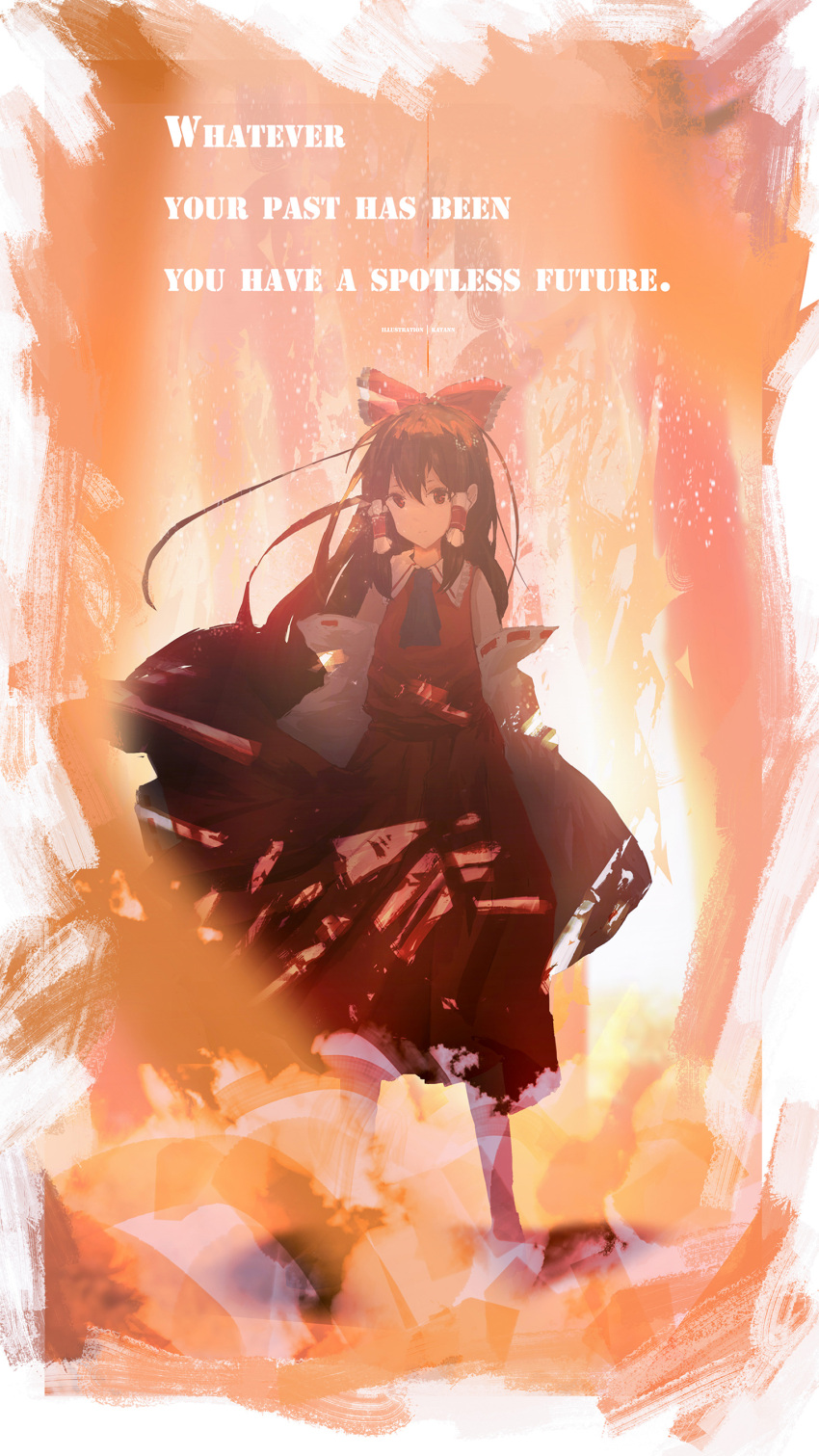 1girl absurdres artist_name ascot blue_ascot bow brown_eyes brown_hair detached_sleeves english frilled_bow frills hair_between_eyes hair_bow hair_tubes hakurei_reimu highres japanese_clothes katann legs_apart long_hair looking_at_viewer miko red_bow red_skirt ribbon-trimmed_sleeves ribbon_trim sidelocks skirt skirt_set solo standing touhou very_long_hair wide_sleeves wind wind_lift
