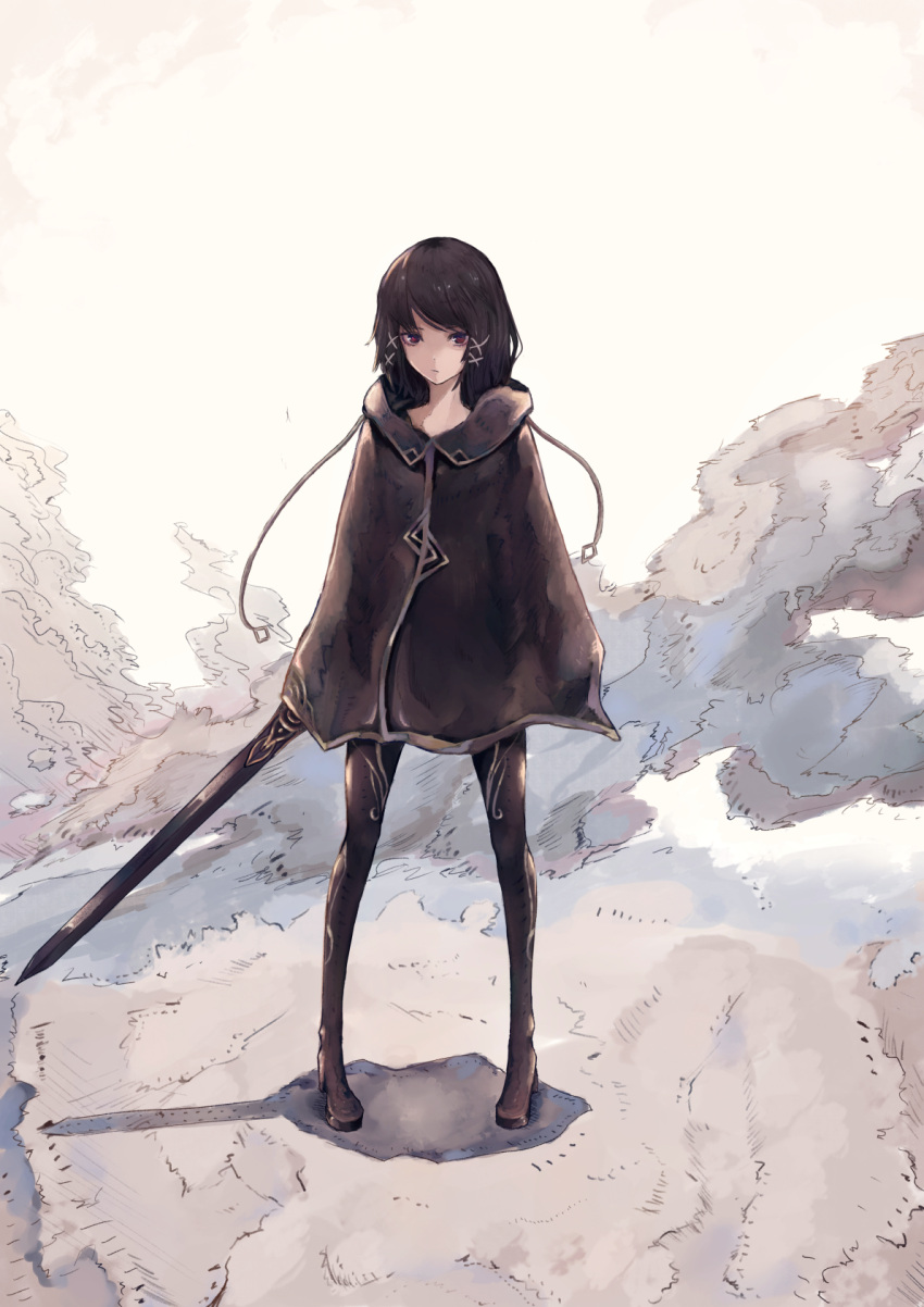 1girl bangs black_boots black_hair boots capelet expressionless full_body hair_ornament high_heel_boots high_heels highres holding holding_sword holding_weapon looking_at_viewer original pigeon-toed pip_(red_juice1869) solo standing swept_bangs sword thigh-highs thigh_boots tsurime violet_eyes weapon x_hair_ornament