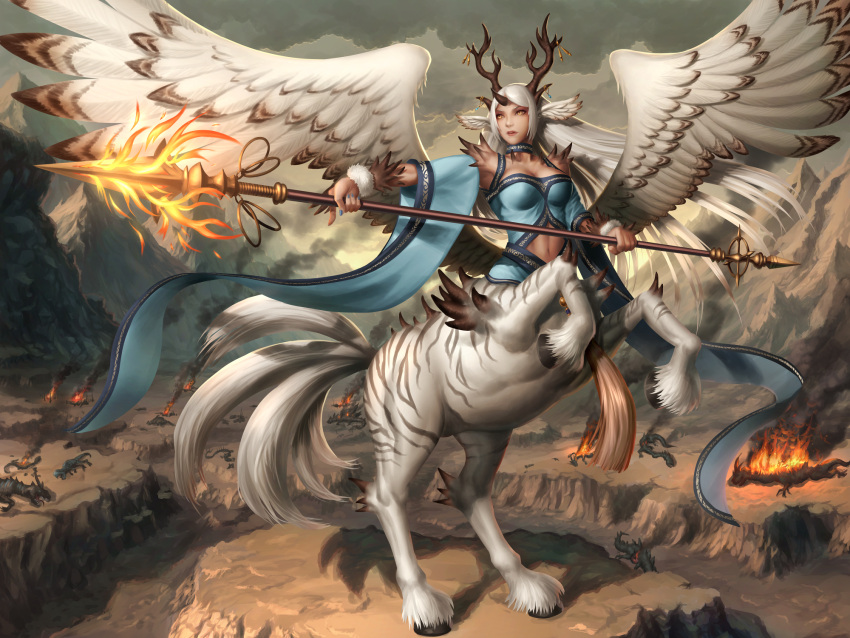 1girl antlers breasts canyon centauroid cleavage corpse detached_sleeves fantasy feathered_wings fire floating_hair full_body head_wings highres holding holding_weapon hooves horn horn_ornament large_breasts long_hair looking_away monster_girl navel original outdoors parted_lips polearm solo spear spread_wings stomach very_long_hair weapon white_hair wide_sleeves wings yellow_eyes youbou