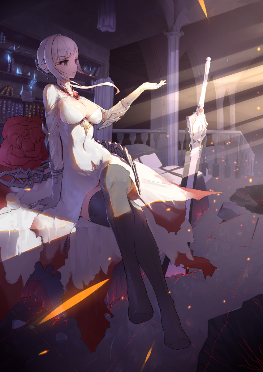 1girl asymmetrical_hair bangs black_legwear blue_eyes breasts closed_mouth covered_navel dress flower gloves grey_gloves hand_up highres indoors large_breasts legs_crossed light_rays light_smile liu_lan looking_to_the_side planted_sword planted_weapon red_rose rose short_hair_with_long_locks sidelocks silver_hair sinoalice sitting solo swept_bangs sword thigh-highs weapon white_dress