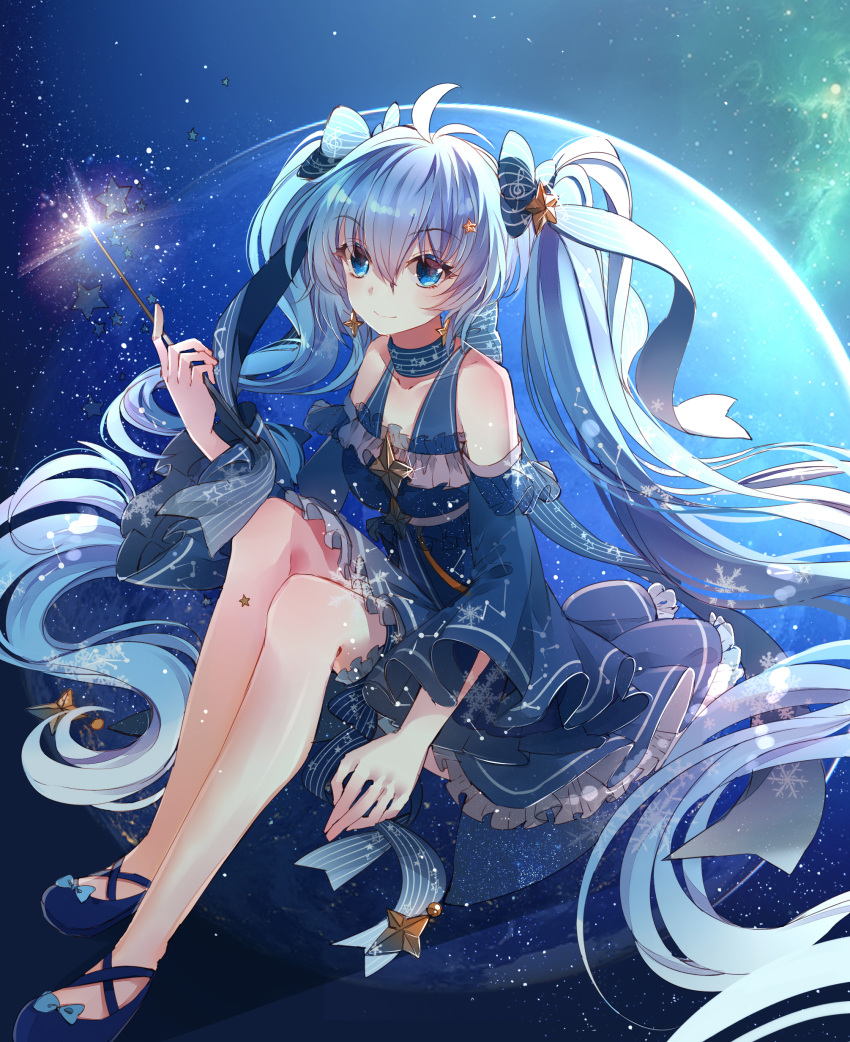 1girl absurdres bangs baocaizi bare_shoulders blue_bow blue_dress blue_eyes blue_hair blush bow breasts choker closed_mouth collarbone detached_sleeves dress eyes_visible_through_hair frilled_dress frills full_body hair_bow hair_ornament hatsune_miku highres knees_up long_hair long_sleeves looking_at_viewer medium_breasts smile solo star star_hair_ornament twintails very_long_hair vocaloid wand wide_sleeves yuki_miku