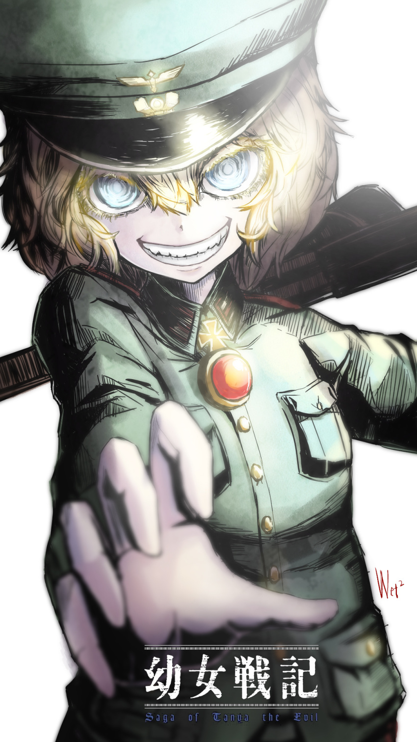 1girl blonde_hair blurry copyright_name cross cross_necklace d-cao depth_of_field evil_grin evil_smile gem grin gun hat highres jewelry military military_hat military_uniform necklace reaching_out rifle signature smile solo tanya_degurechaff uniform weapon youjo_senki