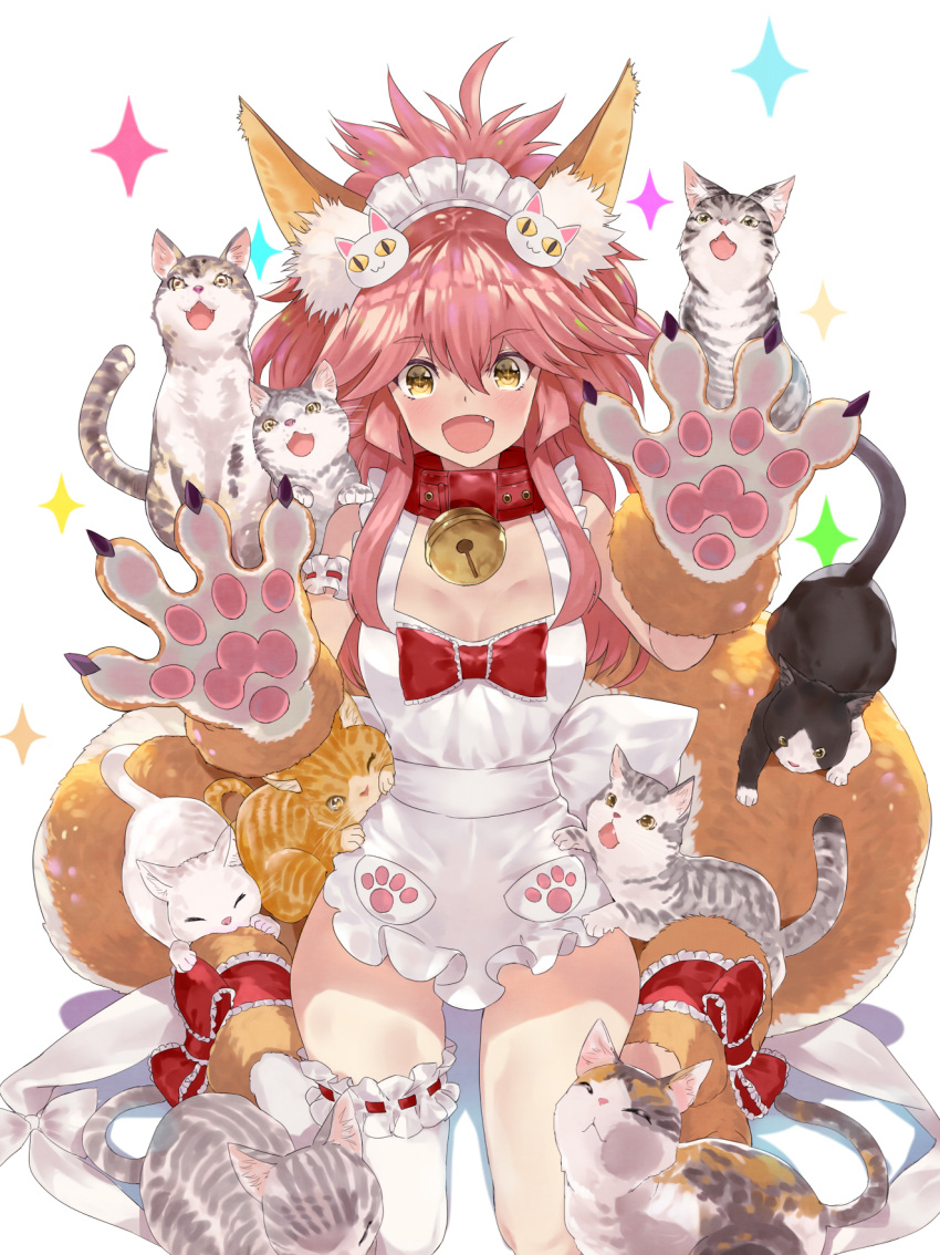 +_+ 1girl animal animal_ears apron asymmetrical_legwear bell bell_collar bow breasts cat cat_hair_ornament claws cleavage collar fang fangs fate/extra fate/grand_order fate_(series) fox_ears fox_tail hair_ornament highres jingle_bell long_hair maid_headdress multiple_tails naked_apron open_mouth outstretched_hand paws pink_hair red_bow ribbon_trim sash solo sparkle sparkling_eyes tail tamamo_(fate)_(all) tamamo_cat_(fate) thigh-highs tokopi white_background white_bow