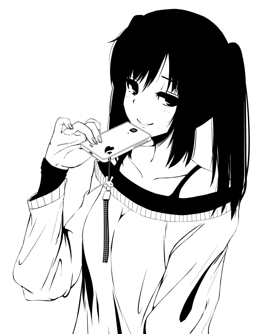 1girl absurdres cellphone cellphone_strap greyscale hand_up highres holding holding_phone layered_clothing long_hair long_sleeves looking_at_viewer monochrome nail_polish off-shoulder_sweater off_shoulder original phone rur_(ml_ruru) smartphone smile solo sweater twintails upper_body white_background