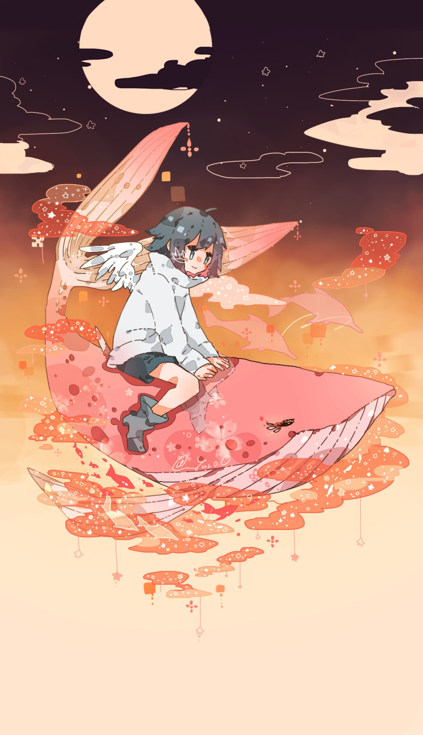 1girl ahoge androgynous baggy_clothes black_hair blue_eyes boots child clouds dolphin eyelashes feathered_wings fins fish flower highres moon original patterned riding short_hair shorts signature sitting sky smile star symbol tail whale wings