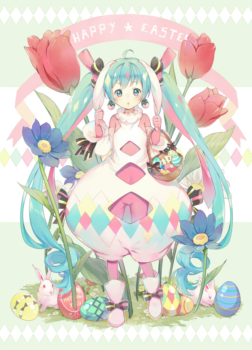 1girl :o albino alternate_costume animal_ears aqua_eyes aqua_hair banner basket blue_flower blush bodysuit boots bow carrying character_name covered_navel crotch_cutout curly_hair daisy detached_sleeves diamond_(symbol) earrings easter easter_egg egg_earrings ekira_nieto english eyebrows_visible_through_hair flower grabbing grass hair_bow happy_easter hatsune_miku highres holding_ears jewelry leaf long_hair multicolored multicolored_eyes multicolored_hair mushroom navel_cutout one_leg_raised open_mouth oversized_object pink_bodysuit pink_bow pink_flower puffy_pants rabbit rabbit_ears ribbon-trimmed_sleeves ribbon_trim shoe_bow shoes solo striped striped_bow tulip twintails unitard very_long_hair vocaloid white_boots white_flower white_sleeves