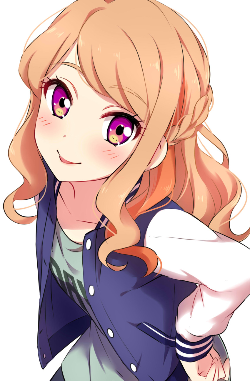 1girl :p absurdres aikatsu! aikatsu_stars! alternate_hairstyle blush braid brown_hair eyebrows_visible_through_hair half_updo hands_on_hips highres jacket kasumi_mahiru long_hair looking_at_viewer sekina smile solo tongue tongue_out violet_eyes wavy_hair