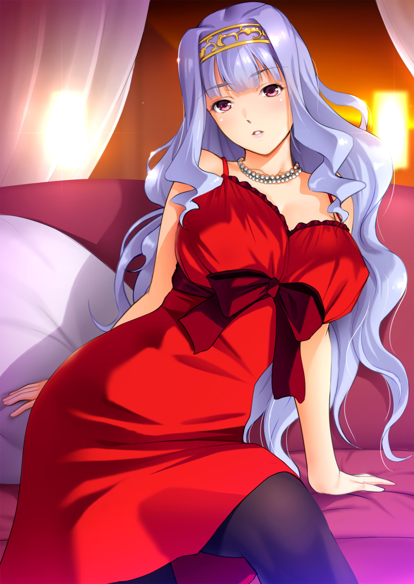 1girl black_legwear breasts dragon@harry dress hairband highres idolmaster jewelry large_breasts long_hair necklace pearl_necklace red_dress shijou_takane silver_hair solo thigh-highs violet_eyes