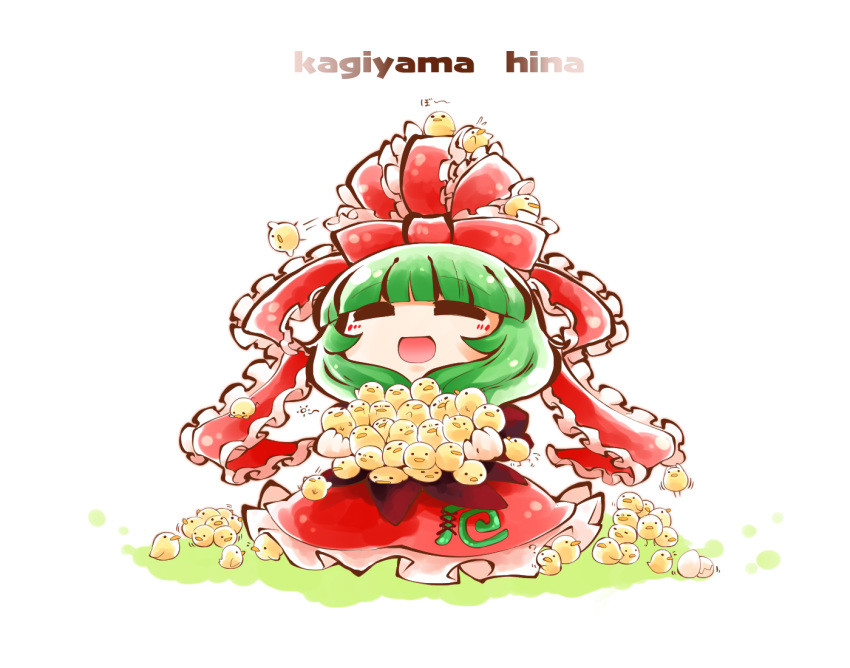 1girl :d =_= ? bangs bird blunt_bangs blush bow chibi chick commentary_request crack dress egg eyebrows_visible_through_hair frills front_ponytail grass green_hair hair_bow hanging jumping kagiyama_hina kashuu_(b-q) open_mouth sitting smile stitches text touhou