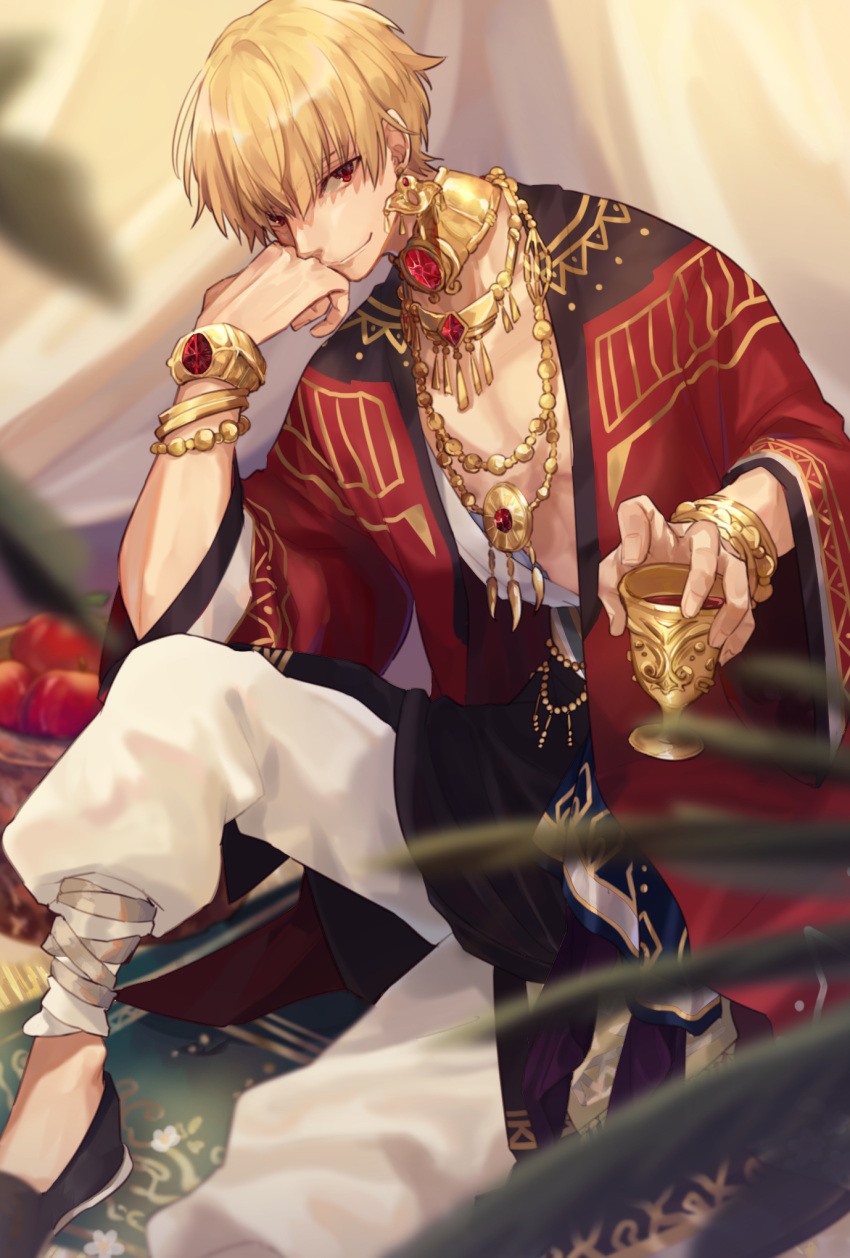 1boy alcohol apple bandage bangs basket black_shoes blonde_hair blurry bracelet carpet chalice chest closed_mouth cup curtains depth_of_field earrings fate/extella fate/extra fate/stay_night fate_(series) fingernails flower food fringe fruit gem gilgamesh hair_between_eyes hand_on_own_face hand_up head_rest highres hino_hinako holding holding_cup jewelry knee_up layered_clothing leaf long_sleeves looking_at_viewer multicolored multicolored_clothes necklace open_clothes open_robe pants puffy_pants red_eyes robe ruby_(stone) shiny shiny_hair shoes sitting smile solo white_pants wide_sleeves wine