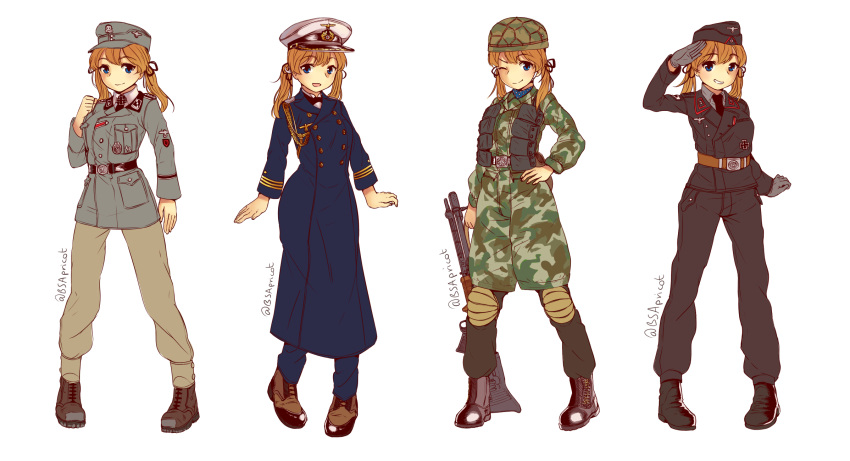 1girl :d ;) aiguillette black_boots black_gloves black_necktie black_pants black_shirt blazer blonde_hair blue_eyes boots brown_boots brown_pants camouflage clenched_hand closed_mouth collared_shirt commentary danielle_brindle full_body garrison_cap gloves grin gun hand_on_hip hat helmet highres iron_cross jacket kantai_collection knee_pads long_hair long_sleeves low_twintails military military_uniform multiple_views necktie one_eye_closed open_mouth pants peacoat peaked_cap prinz_eugen_(kantai_collection) shirt shotgun simple_background smile standing twintails twitter_username uniform weapon white_background white_shirt wing_collar