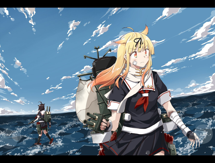 ahoge any_(lucky_denver_mint) bandaged_arm bandages black_hair black_serafuku blonde_hair cannon eyebrows_visible_through_hair hair_flaps hair_ribbon kantai_collection machinery multicolored_hair ocean pleated_skirt red_eyes redhead remodel_(kantai_collection) ribbon rigging rudder_footwear school_uniform serafuku shigure_(kantai_collection) skirt sky smokestack standing standing_on_liquid star torpedo_tubes turret two-tone_hair yuudachi_(kantai_collection)