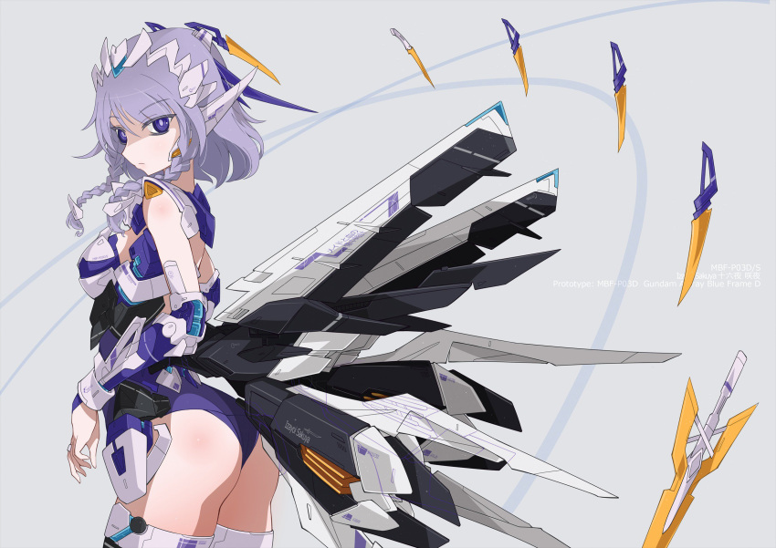 1girl alternate_costume ass blue_eyes braid breasts bridal_gauntlets colored_eyelashes english expressionless floating_object from_side gundam gundam_astray_blue_frame gundam_seed gundam_seed_astray highres izayoi_sakuya low_wings mecha_musume raptor7 shaded_face short_hair silver_hair small_breasts solo thigh-highs thighs touhou twin_braids wings