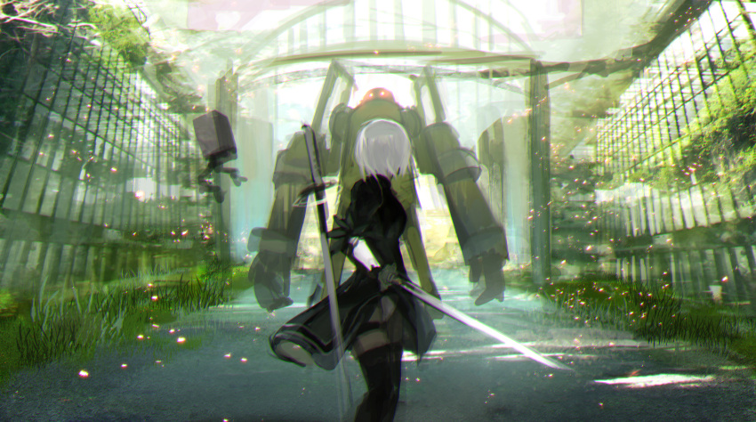 1girl black_dress boots chromatic_aberration dress from_behind glowing glowing_eyes grass highres holding holding_sword holding_weapon light_particles nier_(series) nier_automata outdoors overgrown pod_(nier_automata) red_eyes robot short_hair silver_hair sword tarbo_(exxxpiation) thigh-highs thigh_boots weapon weapon_on_back yorha_no._2_type_b