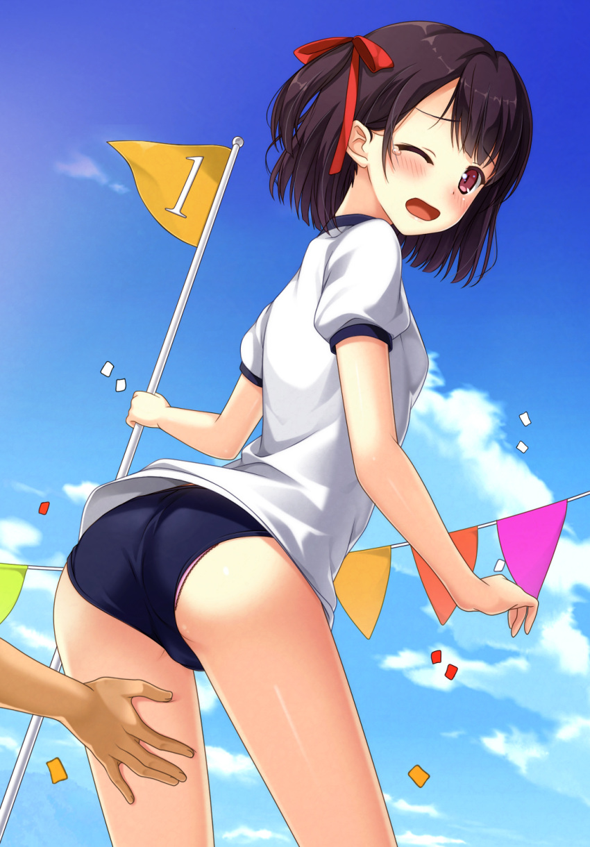 1boy 1girl arched_back ass bangs black_hair blue_sky blush breasts buruma clouds cloudy_sky confetti day eyebrows_visible_through_hair from_behind gym_uniform hair_ribbon hand_on_thigh highres holding_flag lace lace-trimmed_panties looking_at_viewer looking_back one_eye_closed one_side_up open_mouth original out_of_frame outdoors panties panties_under_buruma pennant pink_panties red_ribbon ribbon shirt short_hair short_sleeves sky small_breasts solo_focus standing string_of_flags tears thighs underwear uzuki_hiro violet_eyes wavy_mouth white_shirt