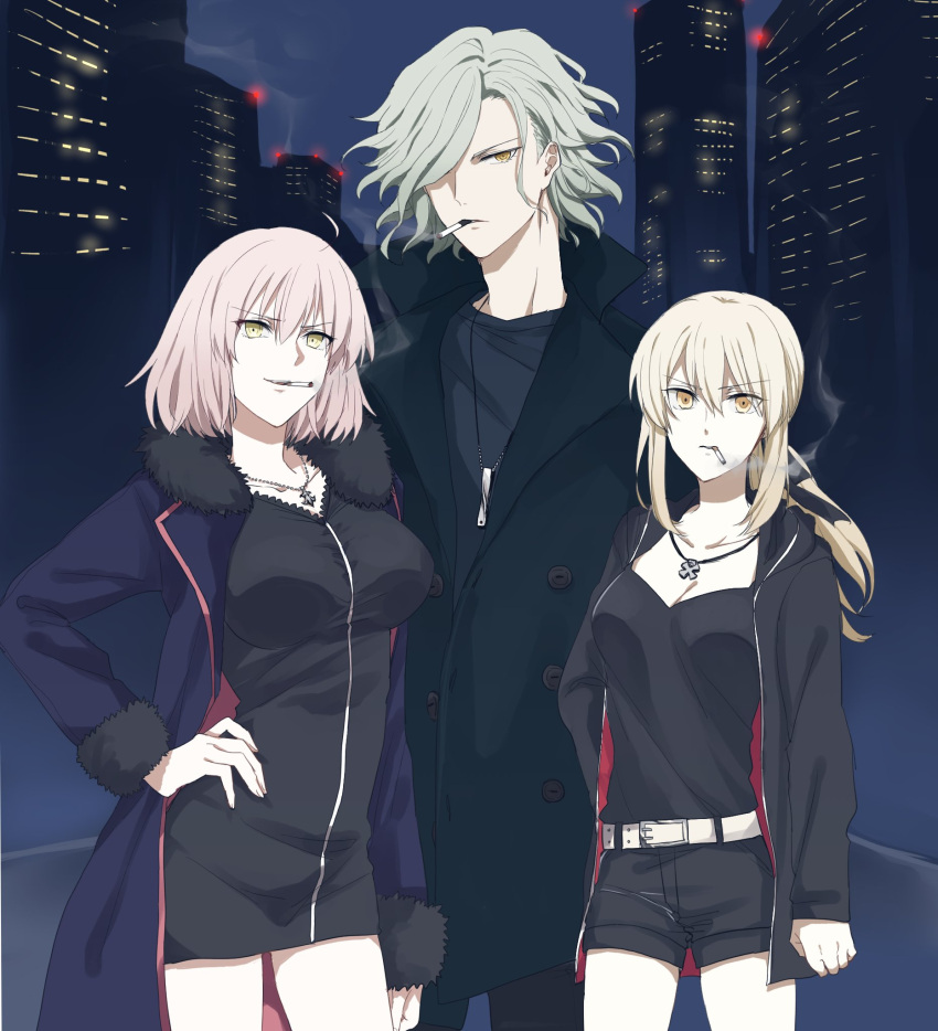 1boy 2girls alternate_costume blonde_hair breasts city edmond_dantes_(fate/grand_order) fate/grand_order fate/stay_night fate_(series) hair_over_one_eye highres jacket jeanne_alter long_hair looking_at_viewer multiple_girls night ponytail ruler_(fate/apocrypha) saber saber_alter short_hair smile smoke wavy_hair white_hair yellow_eyes