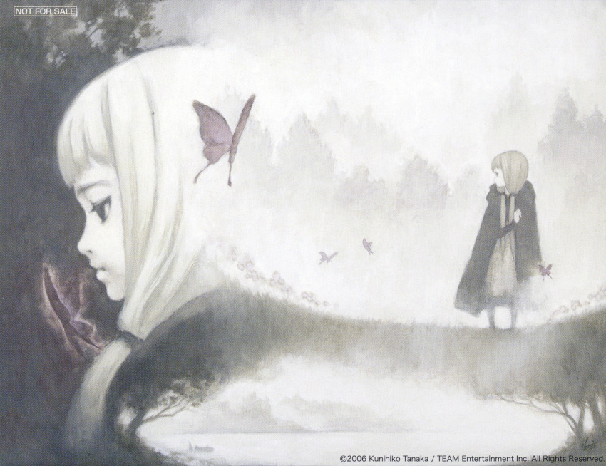 1girl 2006 2girls album_cover artist_name atelier_(series) atelier_iris_grand_phantasm bangs black_eyes blunt_bangs butterfly cape character_request closed_mouth cover expressionless face faux_traditional_media half-closed_eyes lake low_twintails monochrome multiple_girls nature official_art pale_skin platinum_blonde profile scan scan_artifacts sepia signature standing tanaka_kunihiko tree twintails