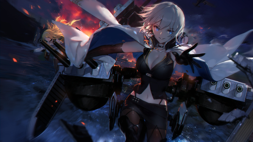 2girls azur_lane bare_shoulders belt black_footwear black_gloves black_legwear black_skirt black_vest blonde_hair blue_eyes boots breasts cape character_request choker cleavage cowboy_shot elbow_gloves gloves highres long_hair looking_at_viewer machinery midriff multiple_girls navel pantyhose pointing short_hair skirt swd3e2 thigh-highs thigh_boots vest water white_hair