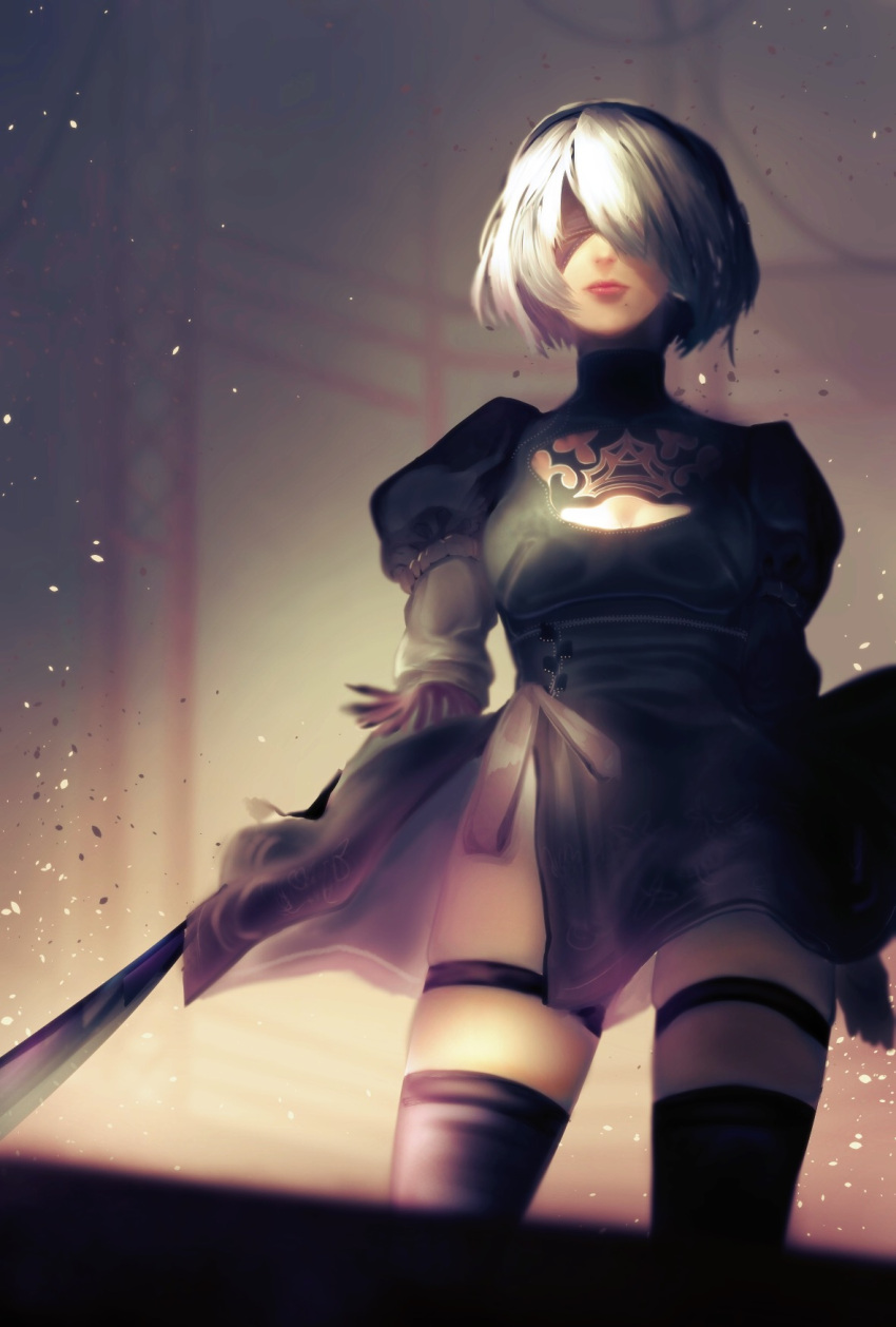 1girl ancolatte_(onikuanco) black_hairband black_legwear blindfold breasts cleavage cleavage_cutout feather-trimmed_sleeves hairband highres lips mole mole_under_mouth nier_(series) nier_automata short_hair solo standing sword thigh-highs weapon white_hair yorha_no._2_type_b