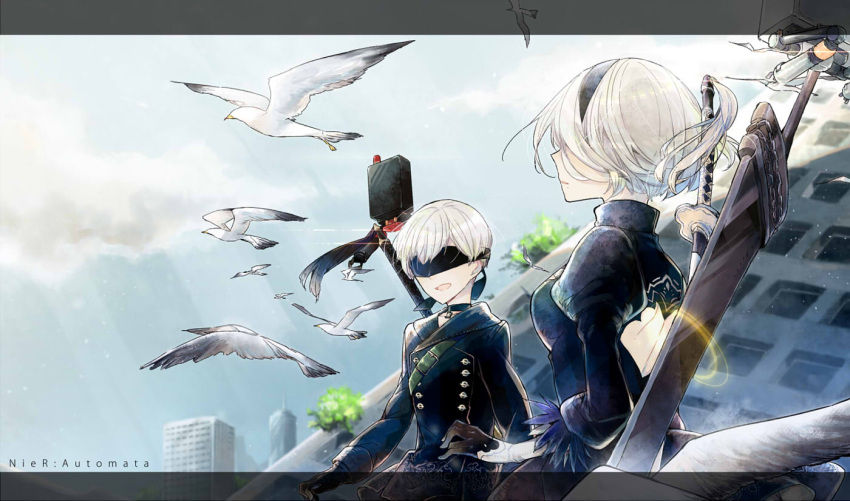1boy 1girl bird blindfold blue_sky breasts building choker clouds commentary_request copyright_name day dress feather-trimmed_sleeves gloves hair_between_eyes hami_(lvct) juliet_sleeves katana long_sleeves mole mole_under_mouth nier_(series) nier_automata open-back_dress open_mouth outdoors pod_(nier_automata) puffy_sleeves short_hair sky smile sword text tree weapon white_hair yorha_no._2_type_b yorha_no._9_type_s