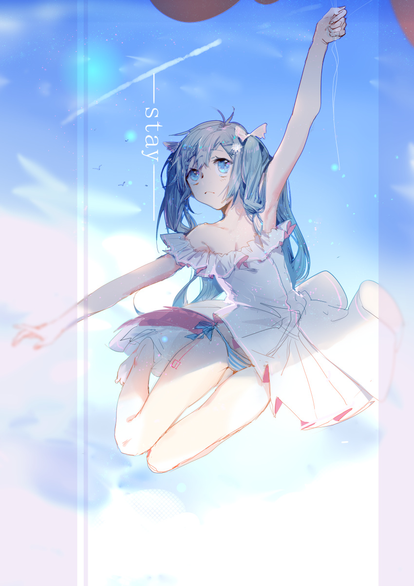 1girl absurdres arm_up balloon bare_legs bare_shoulders barefoot blue_eyes blue_hair blue_sky body_writing bow breasts closed_mouth clouds cloudy_sky collarbone day dress fingernails floating frills hair_bow hatsune_miku highres holding holding_balloon looking_up midair number outdoors outstretched_arm panties pantyshot short_dress side-tie_panties sky small_breasts solo strapless strapless_dress striped striped_panties thigh_gap twintails underwear vocaloid white_bow white_dress yyb
