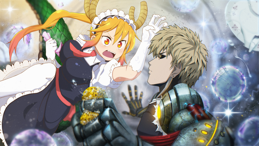 1boy 1girl attack bangs black_sclera blonde_hair breasts bubble cloth crossover cyborg dragon_girl dragon_horns dragon_tail draw-till-death earrings elbow_gloves electricity fangs fork genos gloves hair_between_eyes highres horns jewelry kobayashi-san_chi_no_maidragon long_hair maid_headdress necktie one-punch_man plate profile red_eyes short_hair slit_pupils sparkle sponge tail tooru_(maidragon) twintails yellow_eyes