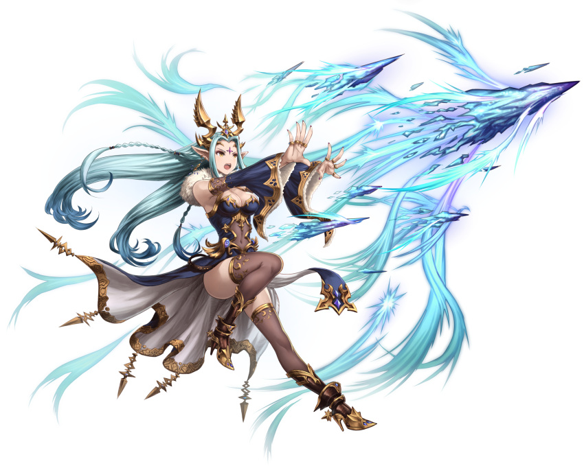 &gt;:o 1girl :o armor armored_boots bare_shoulders black_legwear blue_dress blue_hair boots breasts cleavage detached_sleeves dress earrings elf facial_mark floating_hair forehead_mark full_body fur_trim headgear high_heel_boots high_heels highres icicle jewelry long_hair long_sleeves looking_away magic medium_breasts open_mouth original outstretched_arms pointy_ears solo tachi-e thigh-highs very_long_hair wide_sleeves yellow_eyes youbou