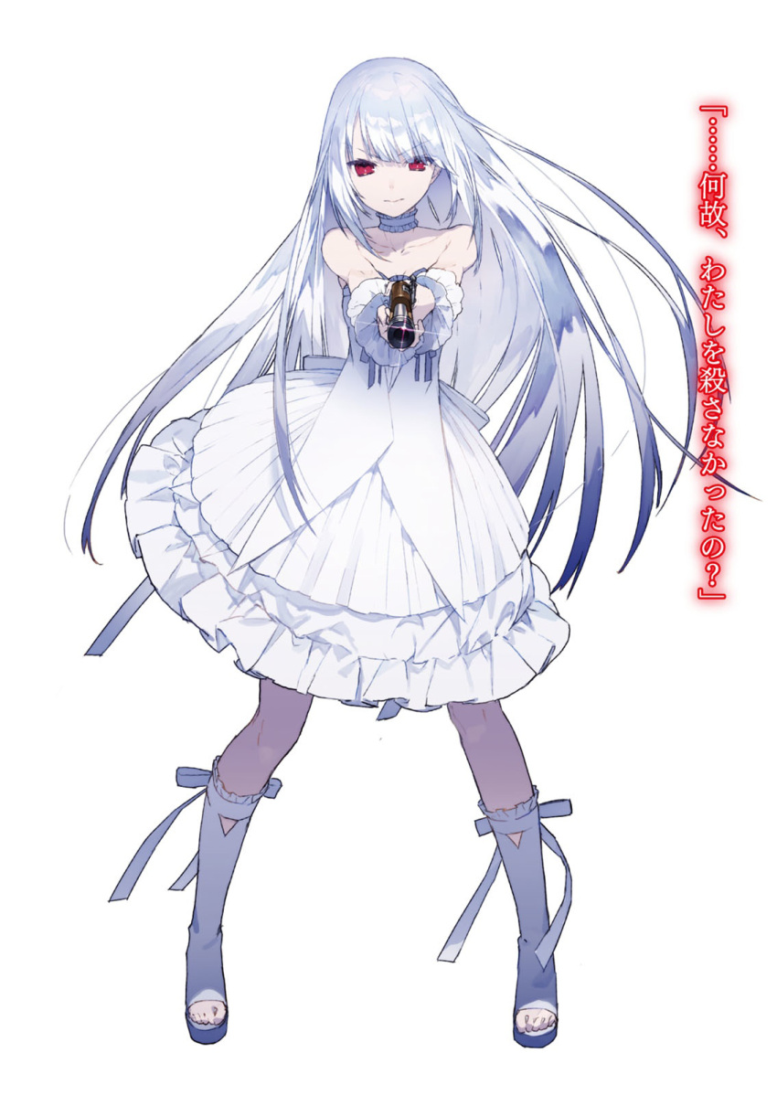 1girl breasts character_request choker cleavage collarbone date_a_live detached_sleeves dress eyebrows_visible_through_hair floating_hair full_body highres kneehighs long_hair looking_at_viewer noco red_eyes ribbon silver_hair simple_background sleeveless sleeveless_dress small_breasts smile solo standing strapless strapless_dress very_long_hair white_background white_dress white_legwear white_ribbon