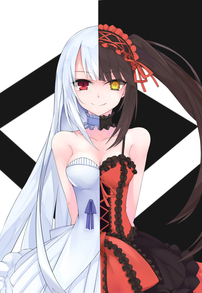 1girl absurdres amen arms_behind_back bangs bare_shoulders black_choker black_hair breasts choker cleavage clock_eyes collarbone commentary_request corset cowboy_shot date_a_live dress eyes_visible_through_hair frilled_dress frills hairband heterochromia highres lolita_fashion lolita_hairband long_hair looking_at_viewer medium_breasts original red_eyes ribbon_choker simple_background smile solo spaghetti_strap split_theme straight_hair strapless strapless_dress swept_bangs symbol-shaped_pupils tokisaki_kurumi twintails very_long_hair white_choker white_dress white_hair yellow_eyes
