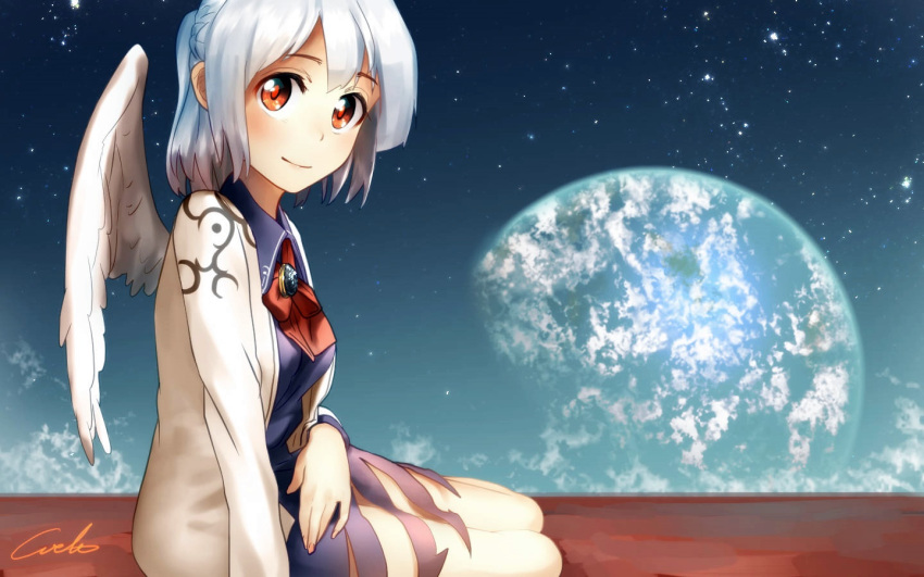 1girl blush brooch collared_dress dress earth feathered_wings hair_between_eyes jacket jewelry kishin_sagume looking_at_viewer ponytail purple_dress red_eyes short_hair single_wing sitting smile solo space star_(sky) touhou u-eruto white_hair white_jacket white_wings wings yokozuwari