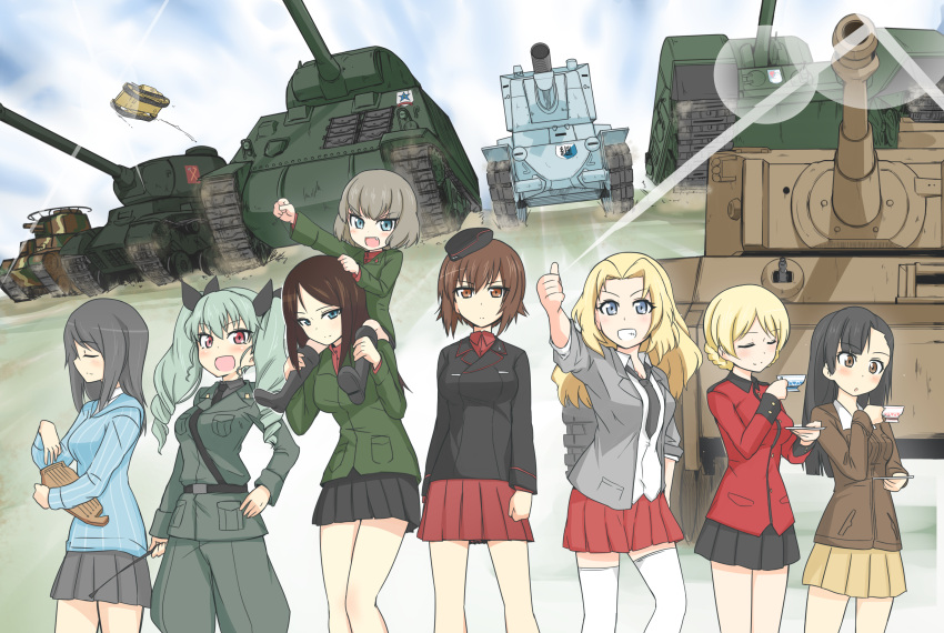 6+girls absurdres anchovy anzio_(emblem) anzio_military_uniform asymmetrical_bangs bangs belt black_hair black_hat black_jacket black_necktie black_ribbon black_shirt black_skirt blazer blonde_hair blouse blue_eyes blue_shirt braid brown_eyes brown_hair brown_jacket bt-42 carro_veloce_cv-33 carrying chi-hatan_military_uniform churchill_(tank) closed_eyes closed_mouth clouds cloudy_sky commentary_request cup darjeeling day dress_shirt emblem fang garrison_cap girls_und_panzer green_jacket grey_jacket grey_pants grey_skirt grin ground_vehicle hair_intakes hair_ribbon hand_on_hip hat highres holding holding_instrument hoshikawa_(hoshikawa_gusuku) instrument jacket kantele katyusha kay_(girls_und_panzer) keizoku_(emblem) keizoku_school_uniform kuromorimine_military_uniform lens_flare light_smile long_hair long_sleeves looking_at_viewer m4_sherman mika_(girls_und_panzer) military military_hat military_uniform military_vehicle miniskirt motor_vehicle multiple_girls necktie nishi_kinuyo nishizumi_maho nonna open_clothes open_jacket open_mouth outdoors pants pleated_skirt pravda_(emblem) pravda_school_uniform raised_fist red_jacket red_shirt red_skirt ribbon riding_crop saucer saunders_(emblem) saunders_school_uniform school_uniform shirt short_hair shoulder_belt shoulder_carry side-by-side skirt sky sleeves_rolled_up smile st._gloriana's_(emblem) st._gloriana's_military_uniform standing striped striped_shirt swept_bangs t-34 tank teacup thigh-highs thumbs_up tied_hair tiger_i turtleneck twin_braids type_97_chi-ha uniform vertical-striped_shirt vertical_stripes white_blouse white_legwear white_shirt yellow_skirt