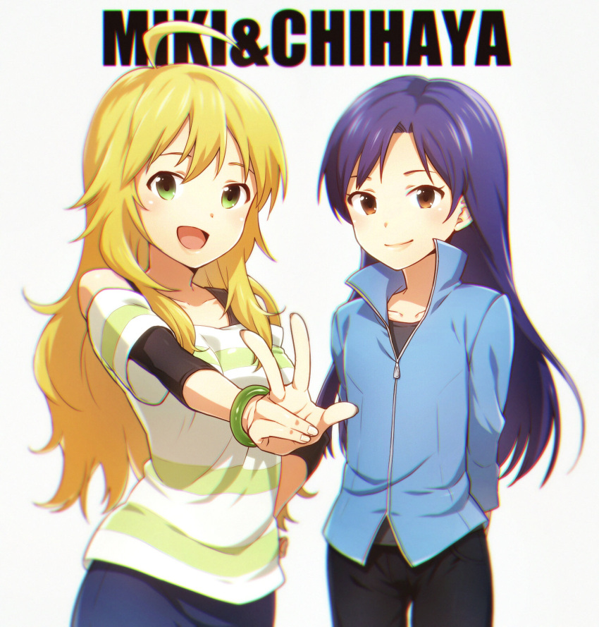 2girls :d ahoge ai_kusunoki arms_behind_back blonde_hair blue_hair brown_eyes character_name closed_mouth green_eyes highres hoshii_miki idolmaster kisaragi_chihaya long_hair looking_at_viewer multiple_girls open_mouth shirt smile striped striped_shirt v zipper