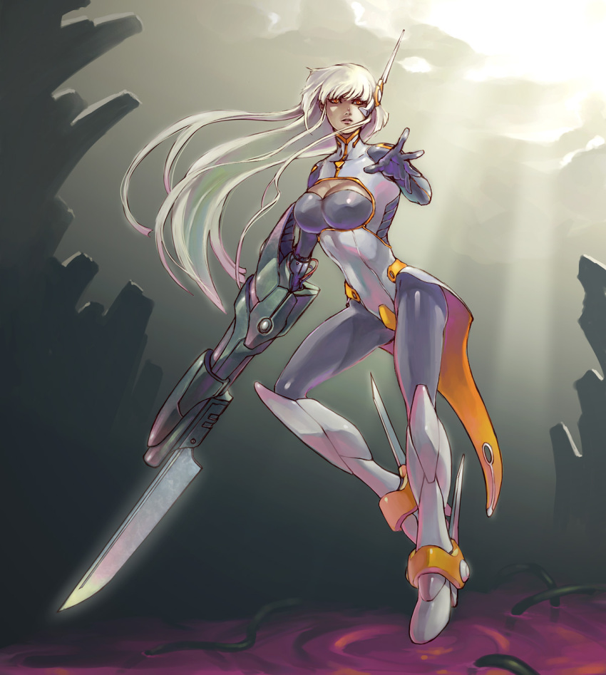 amber_eyes bodysuit boots breasts cleavage cleavage_cutout gloves gun highres long_hair orange_eyes original silver_hair solo sword wakky weapon white_hair yellow_eyes