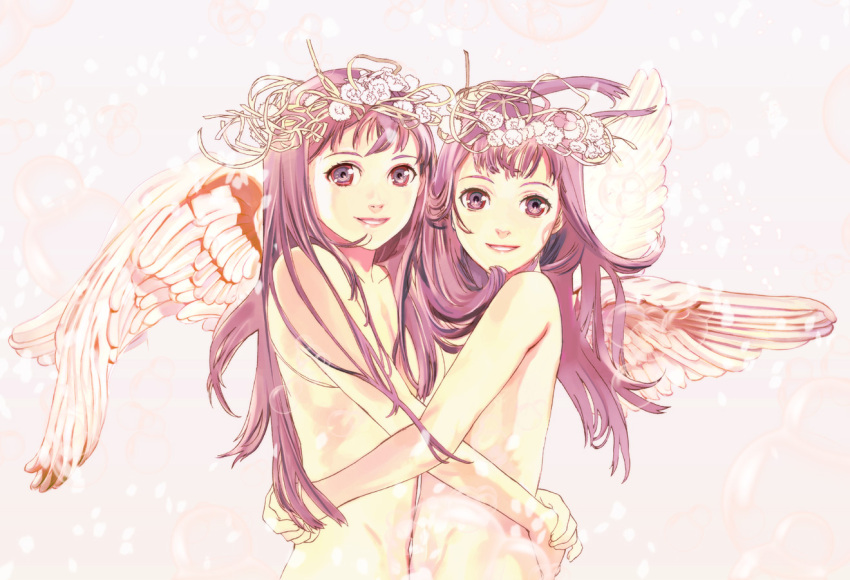 2girls angel_wings bad_id hug long_hair multiple_girls nude original purple_eyes purple_hair siblings smile twins violet_eyes wings