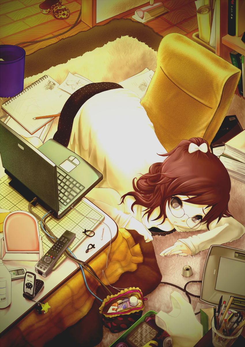 absurdres bad_id brown_hair cellphone computer glasses highres laptop original room tablet y-chan