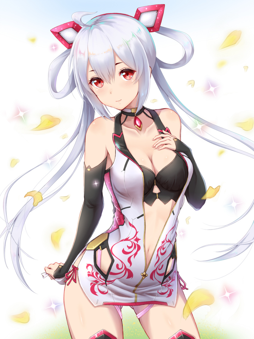1girl bare_shoulders blush breasts choker cleavage dress elbow_gloves gloves hand_on_own_chest highres innocent_cluster jewelry long_hair looking_at_viewer matoi_(pso2) md5_mismatch navel petals phantasy_star phantasy_star_online_2 red_eyes short_dress silver_hair simple_background sleeveless smile solo sparkle thigh-highs toki_(toki_ship8) twintails