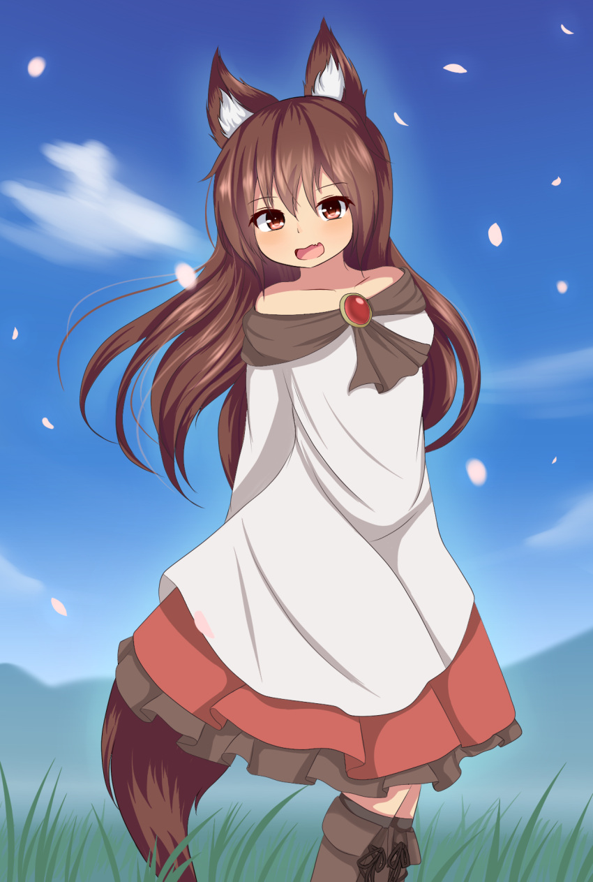 1girl :d animal_ears arms_behind_back bare_shoulders blouse boots brown_hair collarbone cross-laced_footwear dress fang frilled_dress frilled_skirt frills grass highres hotel01 imaizumi_kagerou lace-up_boots long_hair off_shoulder open_mouth petals pink_eyes red_skirt skirt smile tail touhou white_blouse wolf_ears wolf_tail