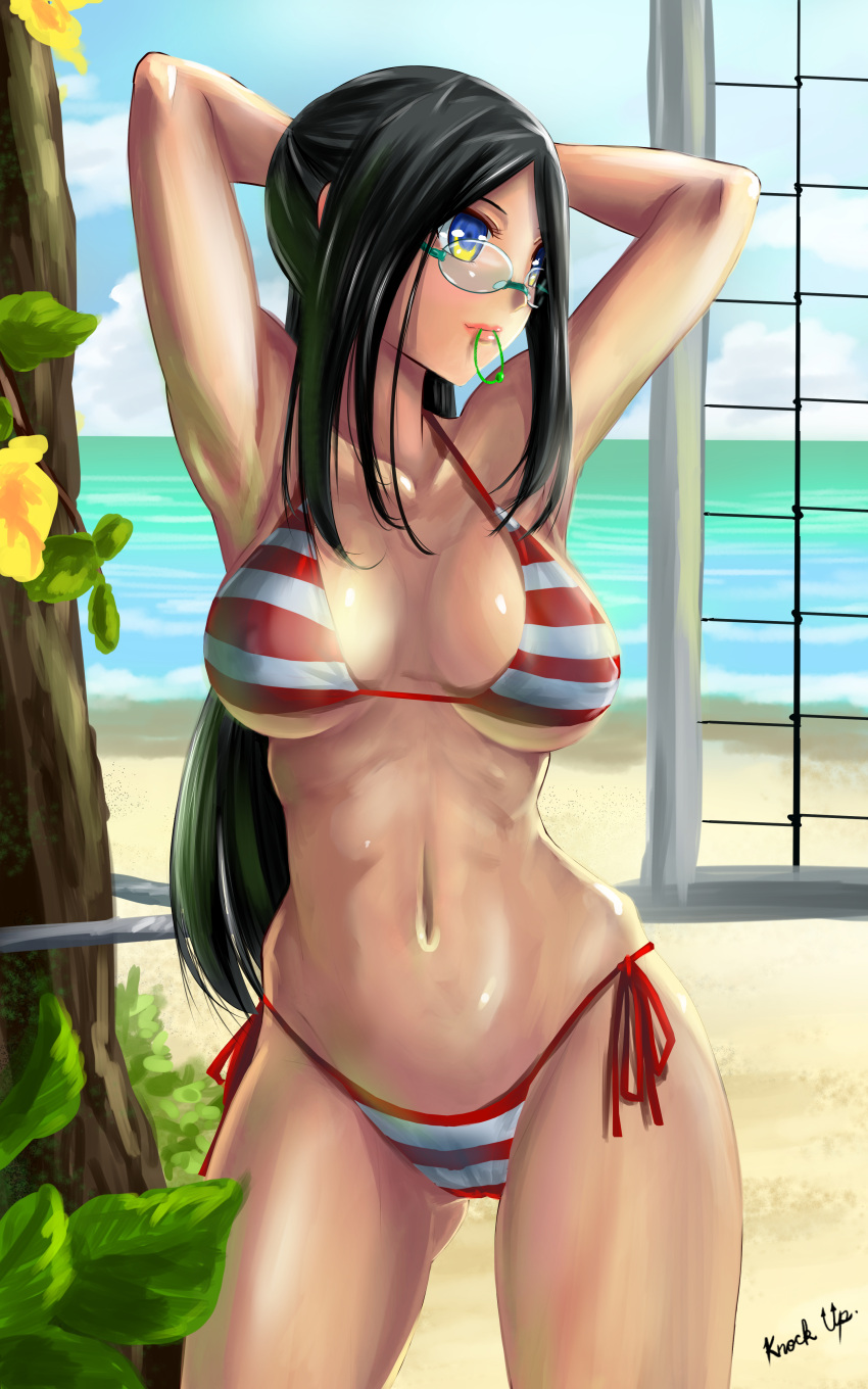 1girl absurdres arms_up beach bikini black_hair blue_eyes breasts cowboy_shot glasses highres hip_bones large_breasts lips long_hair looking_to_the_side mouth_hold navel original rubber_band side-tie_bikini solo standing striped striped_bikini swimsuit tan_(knock_up) under_boob volleyball_net
