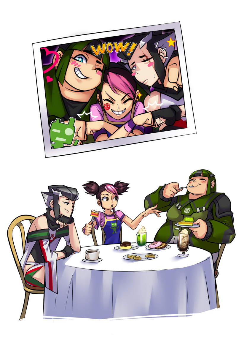 +_+ autobot black_hair blush_stickers bulkhead cake chair chin_rest closed_eyes cup doughnut earrings eating fat fist_bump food food_in_mouth genderswap genderswap_(mtf) green_hair hair_ornament hairclip highres jewelry miko_nakadai mug multicolored_hair one_eye_closed personification photo_(object) pink_hair plate pudding ryuusei_(mark_ii) scar scar_across_eye sitting smile smoothie sweatdrop table transformers transformers_prime twintails two-tone_hair wheeljack white_hair