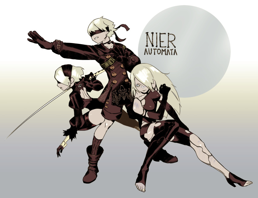 1boy 2girls android armlet black_clothes blindfold blue_eyes boots breasts buttons choker collarbone dress elbow_gloves feather-trimmed_sleeves gloves gradient gradient_background high_heels highres juliet_sleeves katana knees long_hair long_sleeves mole mole_under_mouth multiple_girls nier_(series) nier_automata pale_skin patterned_clothing puffy_sleeves shiny shiny_clothes shiny_skin short_hair shorts strap sword tank_top text title trio weapon white_hair yorha_no._2_type_b yorha_no._9_type_s yorha_type_a_no._2