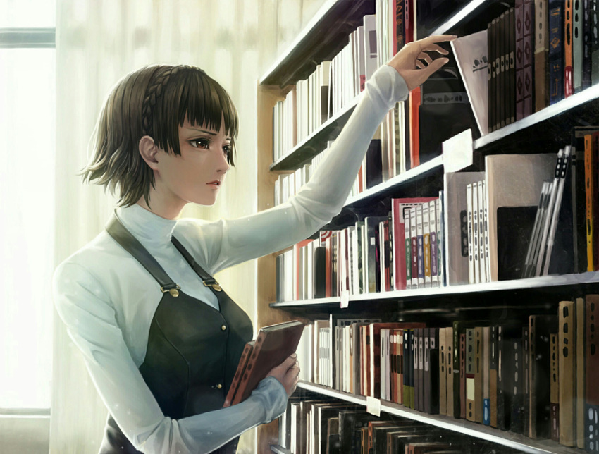 1girl arm_up bangs black_vest blunt_bangs book braid brown_eyes brown_hair carrying crown_braid curtains from_side highres holding holding_book indoors library long_sleeves looking_away namako_mikan niijima_makoto parted_lips persona persona_5 reaching revision short_hair sleeves_past_wrists solo turtleneck vest window