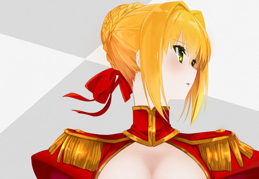 1girl blonde_hair blush braid breasts cleavage epaulettes fate/extra fate_(series) green_eyes hair_bun hair_intakes hair_ribbon highres parted_lips portrait profile puffy_sleeves red_clothes red_ribbon ribbon saber_extra solo tanaka_kii