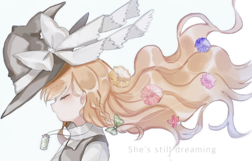 1girl black_hat black_vest blonde_hair bow braid closed_eyes english flower from_side green_bow hair_bow hair_flower hair_ornament hat hat_bow jewelry kirisame_marisa long_hair necklace open_mouth portrait shirt side_braid solo sorani_(kaeru0768) touhou vest vial white_bow white_shirt witch_hat
