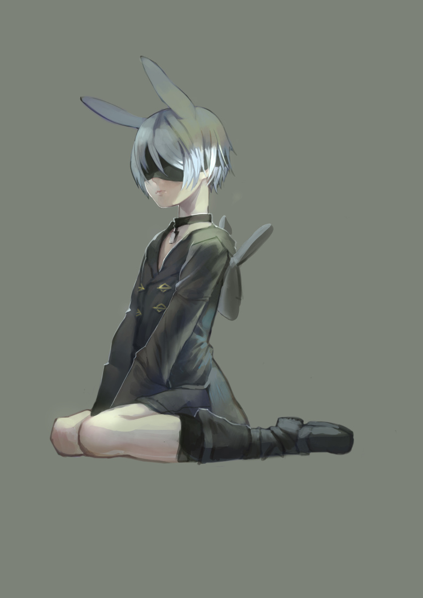 1boy absurdres androgynous animal_ears black_clothes blindfold boots bunny_boy choker gloves grey_background hands_on_lap highres lips male_focus nier_(series) nier_automata pale_skin rabbit_ears seiza short_hair shorts sitting solo sword wariza weapon white_hair yorha_no._9_type_s